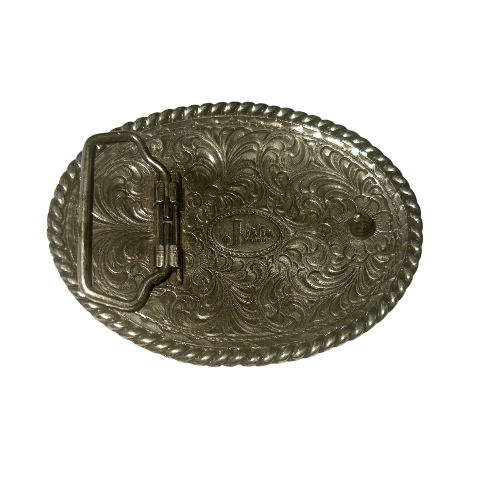 Justin Brand Trophy Belt Buckle 4'' x 3" Silver Rodeo Floral Western Cowboy - Picture 5 of 6